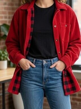 LL BEAN Red Corduroy Shacket Jacket Button-Up Sz Medium Plaid Lined